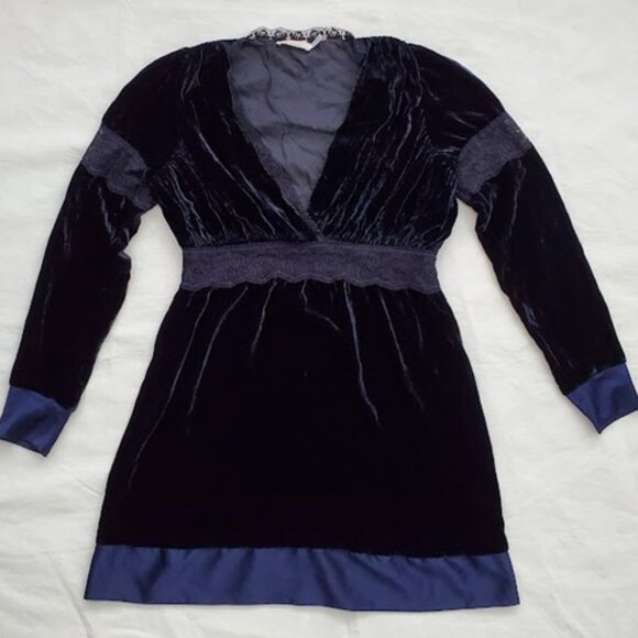 PINKO Navy Velvet Silk Mini Dress V-Neck Long Sleeve Sz 6 Classic Glamour Event - Picture 4 of 12